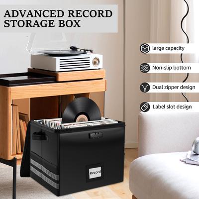 Vinyl Record Storage Box Fireproof Waterproof Record Organizer with Lock LP Album Storage Crate Hold Up To 150+ Singles for Home