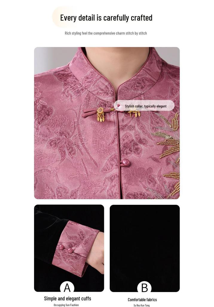 Gold Velvet Top: Elegant Chinese Style Spring & Autumn Jacket for Middle-Aged Women - Perfect Gift for Mother's Day