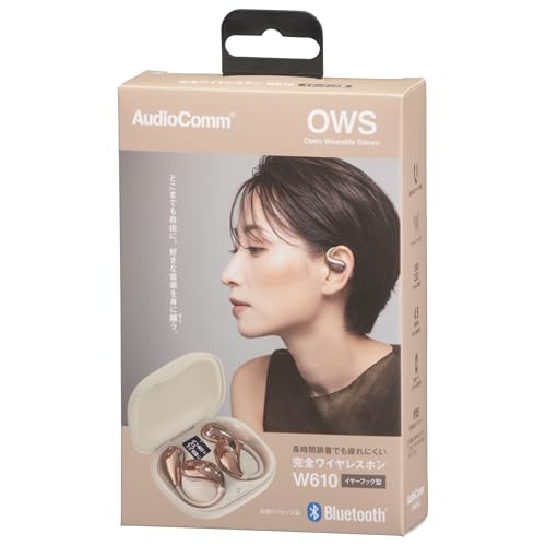 OHM AudioComm Bluetooth Wireless Earphones, Air Conduction, Ear-Hook Style, No Ear Blocking, Built-in Microphone, Beige | OHM Electric HP-W610N-U 03-3