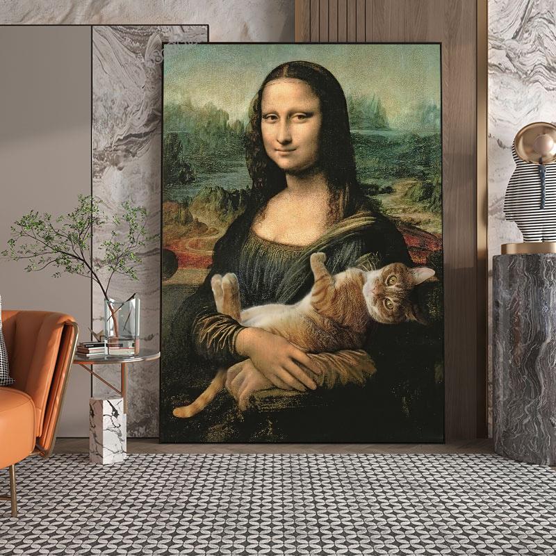 Funny Mona Lisa Art Poster Mona Lisa and Cats Canvas Painting Retro Wall Art Pictures for Living Room Home Decorarion (No Frame)