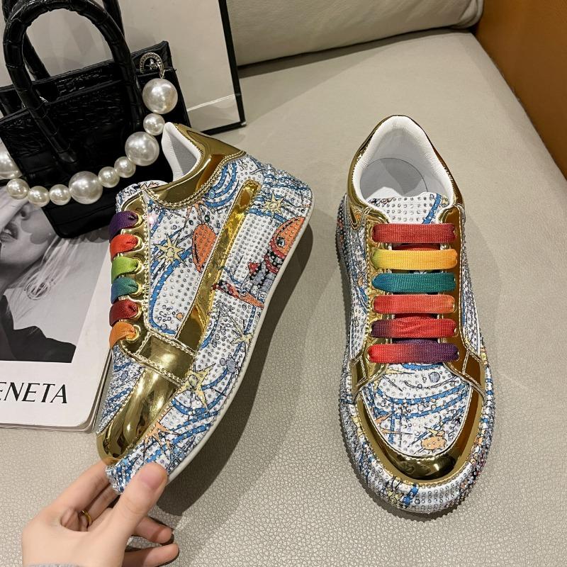 Korean Rhinestone Graffiti Casual Shoes Women 2024 New Fashion Thick Soled Anti Slip Versatile Sports Shoes Banquet Flat Shoes