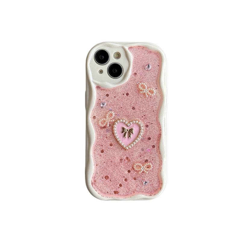Cream Wind Ins Phone Case for IPhone17 Promax Bow Tie Love for Apple 15 Sparkling Pink Glitter 8 Fine Holes