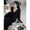 Retro High-end Long Dress Temperament Socialite Slim-fitting V-neck Knitted Sweater Skirt Women's Autumn and Winter Thin Dress