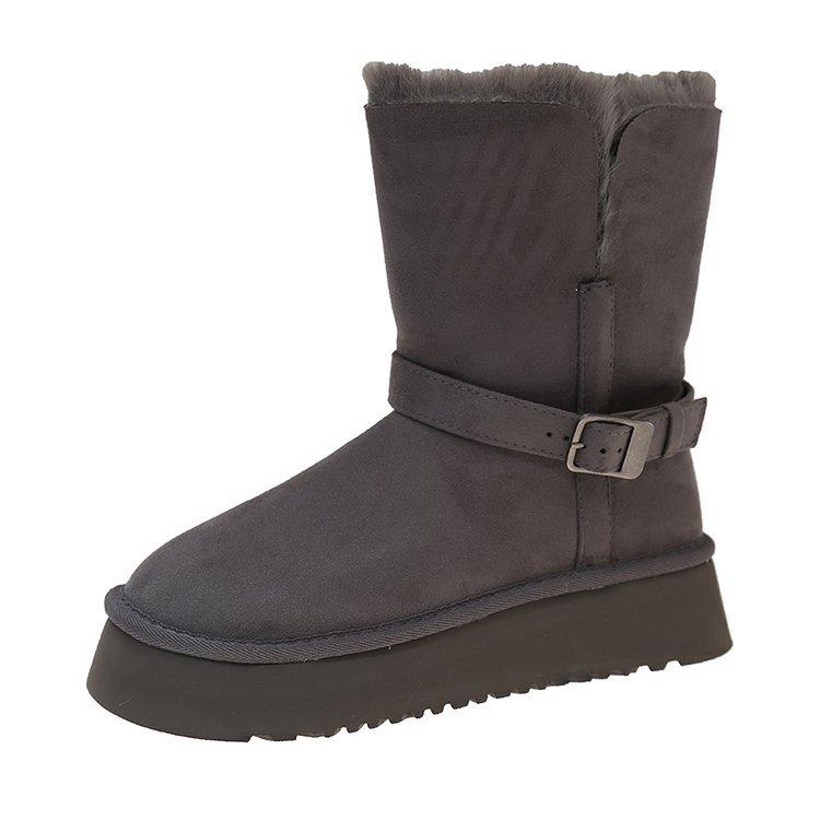 Cowhide Version Thick-soled Gray Snow Boots Women's 2025 Winter New Long Tube Velvet Thickened Warm High Boots Cotton Shoes