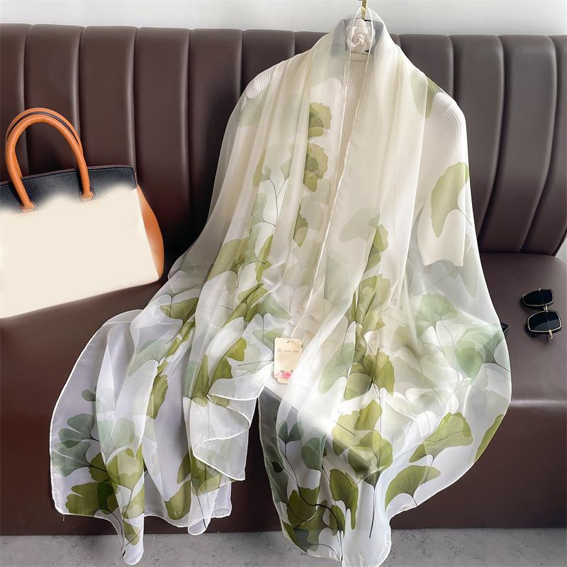 Ginkgo biloba small fresh pattern scarf silk scarf commuting light luxury imitation silk soft yarn women's large size fashion