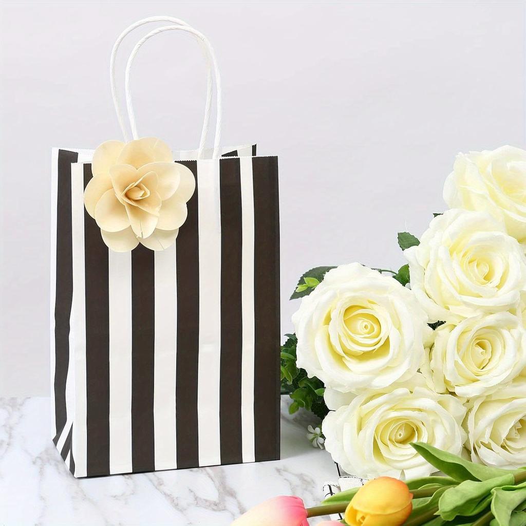 12Pcs Gift Bags Small 5.9x3.1x8 Inch Striped Paper Bags Black And White Gift Bags Black Bags For Gifts, Party, Birthday