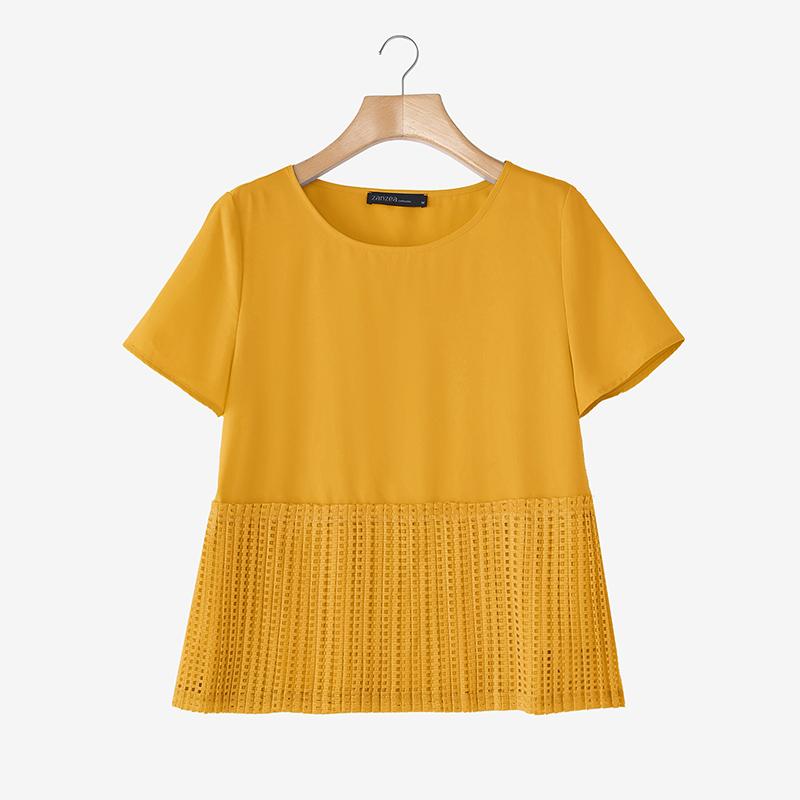 ZANZEA Women Casual Round Neck Summer Patchwork Short Sleeve Blouse