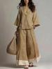 2026 Spring/Summer Cotton Linen Set: French V-neck 3/4 Sleeve Shirt & Color Block Wide-leg Pants