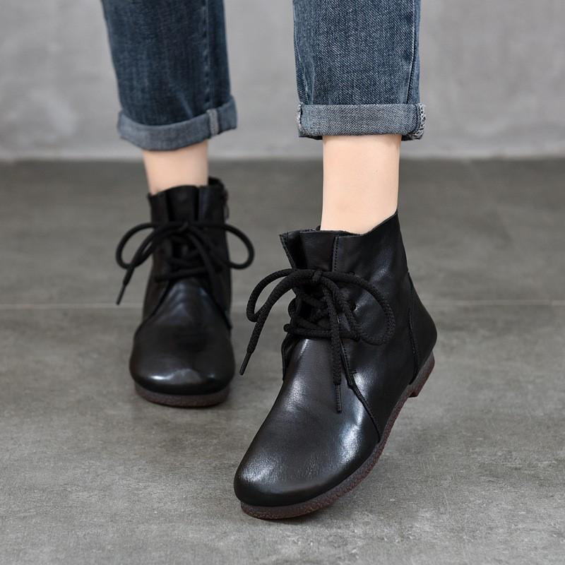 Johnature Bottes courtes plates à bout rond en cuir véritable, chaussures à lacets à semelles souples pour femmes