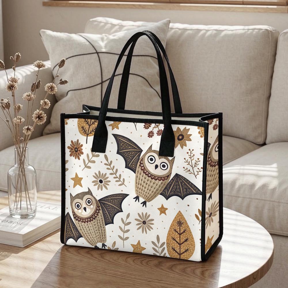 Cute Owl Print Canvas Tote Bag for Daily Shopping Casual Shoulder Handbag