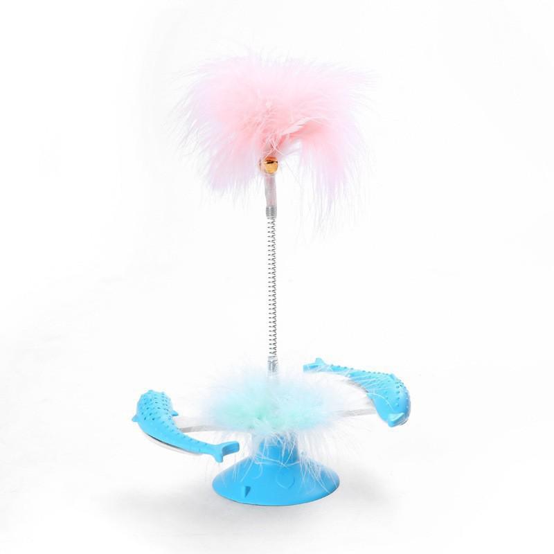 Cross-border Best-Selling Cat Toy Dolphin Spinning Feather Windmill Suction Cup Self-Entertaining Boredom-Relieving Cat Teaser (Blue,Standard)