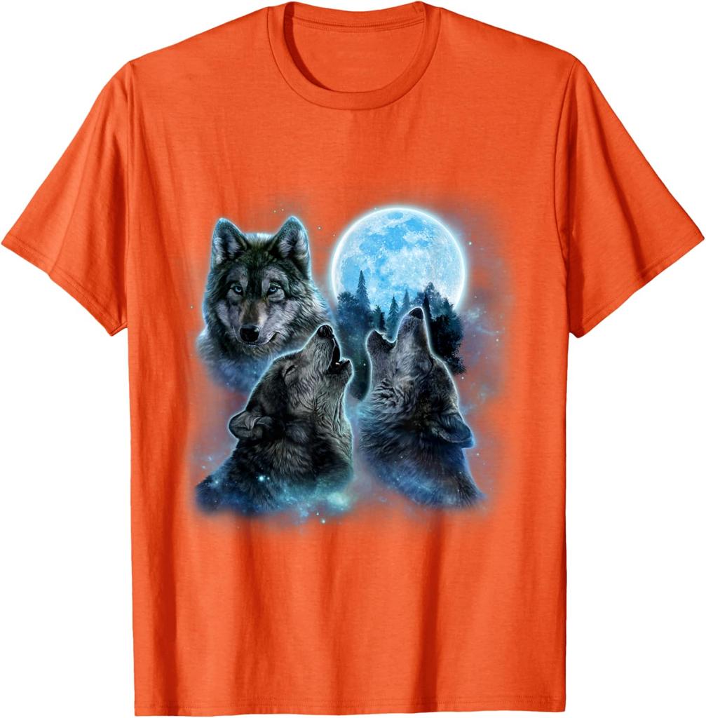 Three Wolves Howling Blue Full Moon Graphic Tee Breathable Cotton Casual T-Shirt for Men