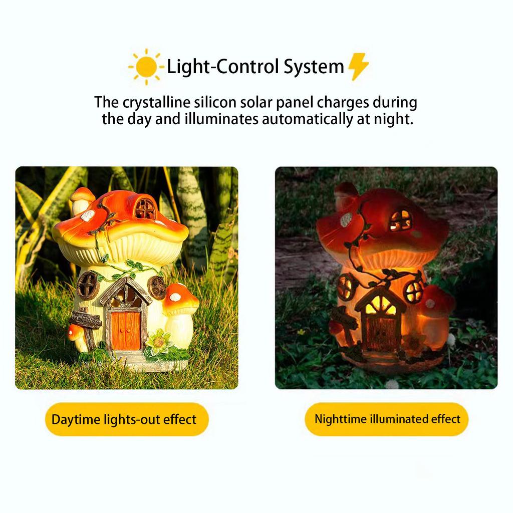 Solar Powered Mushroom House Statue Light IP54 Waterproof Garden Decor Ornament LED for Garden/Yard/Patio/Lawn/Balcony/Pathway