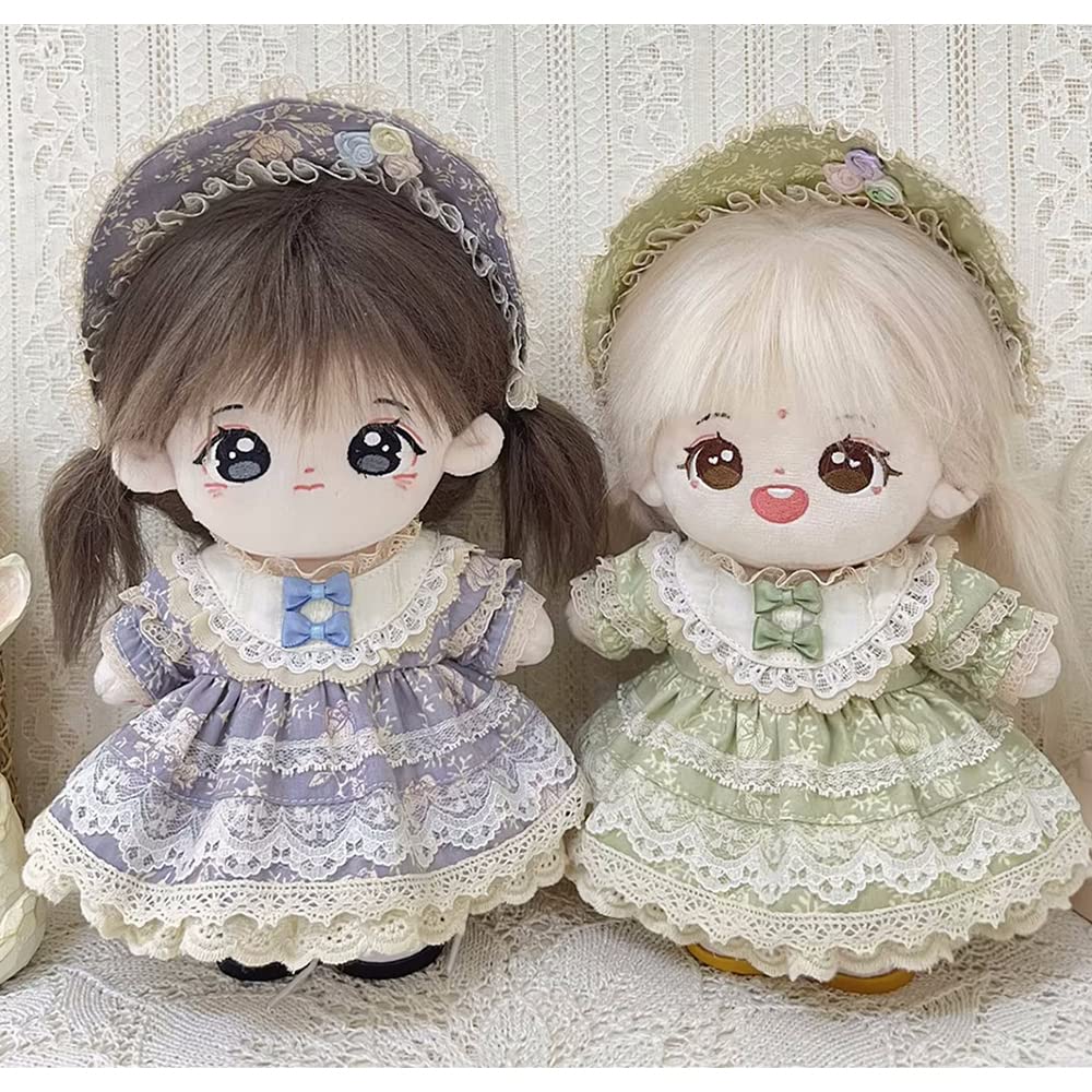 niannyyhouse 20cm Plush Clothes, Vintage Floral Lace Dress, Headwear, Dress-Up, Cotton Doll, Accessories (Gray-Blue)