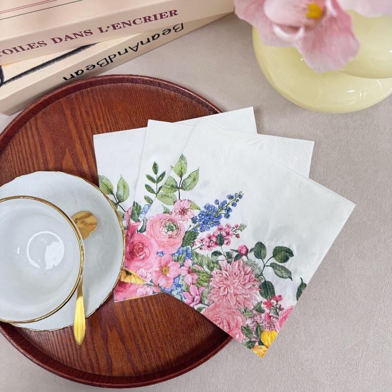 Floral Napkins, 33cm 2-Ply White Pink Yellow Flower Pattern for Wedding Birthday Party Table Decor, 20pcs