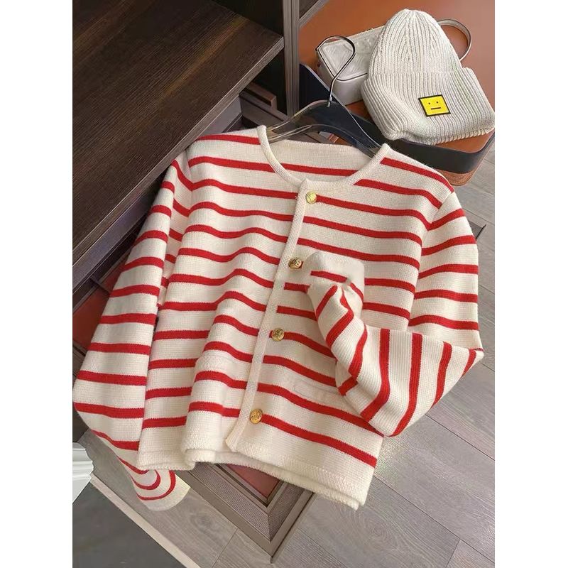 

Красный и Белый Контрастный Цвет Мягкий Клейкий Рис Сладкий Кардиган Вязаный Топ Red S