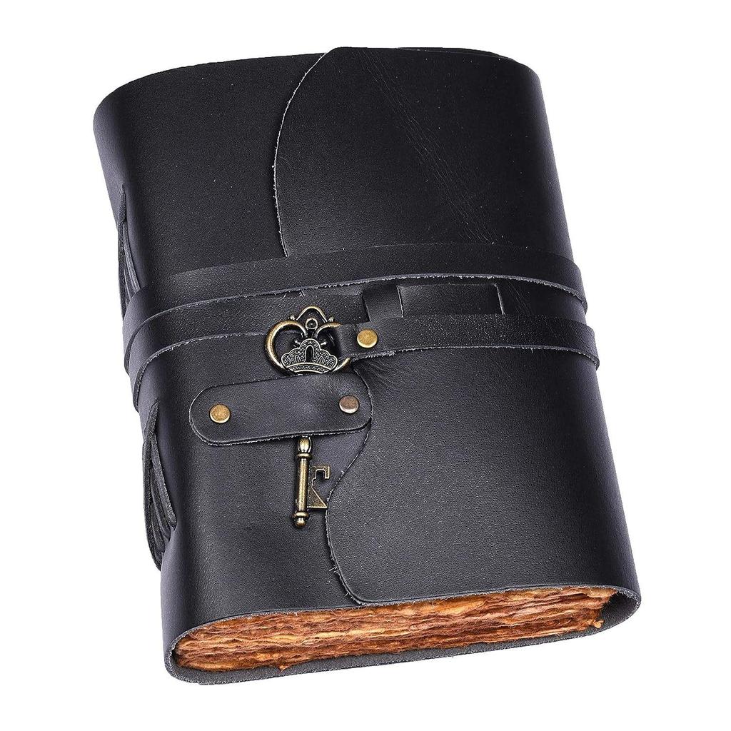 Vintage Handmade Leather Diary with Antique Key Closure  (A5) - 200 Handmade Deckle Edge Pages - Black Color