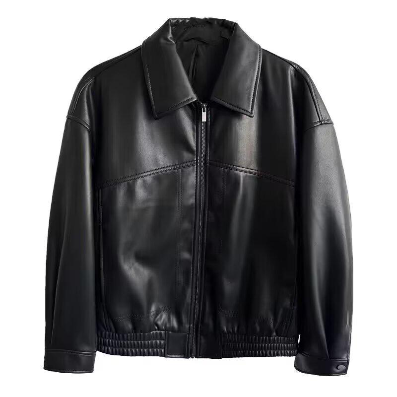 Мужская модная кожаная куртка slim fit высокого класса 2025 года - Весна/Осень, с лацканами, однотонная XL чёрный