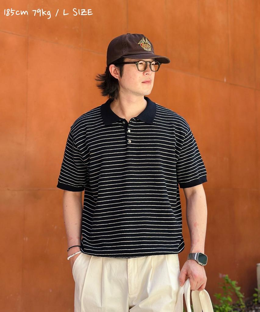 CUZNELLO Cool Cotton Striped Polo Short Sleeve Knit_Navy