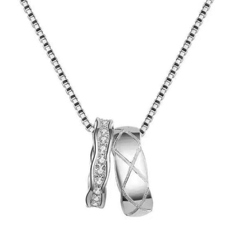 925 Sterling Silver Diamond Pattern Double Ring Necklace , Classic French Style Lightweight Trendy Chain 925 silver / option 1 алмаз