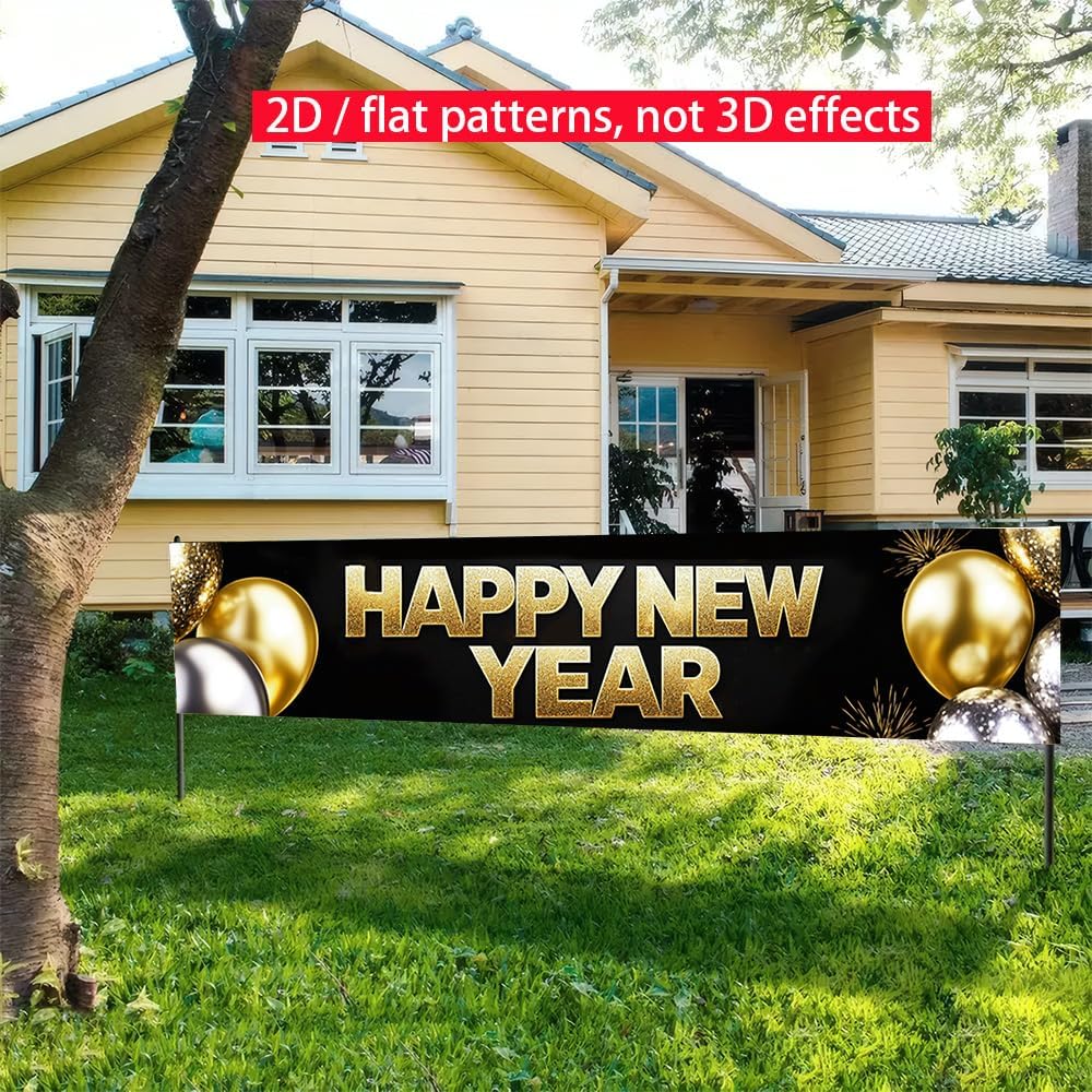 Happy New Year Banner 78.7 x 17.7 Inch Gold and Silver Balloons Sparkling Confetti Design for Holiday Party Decoration Indoor Outdoor Wall Fence or
