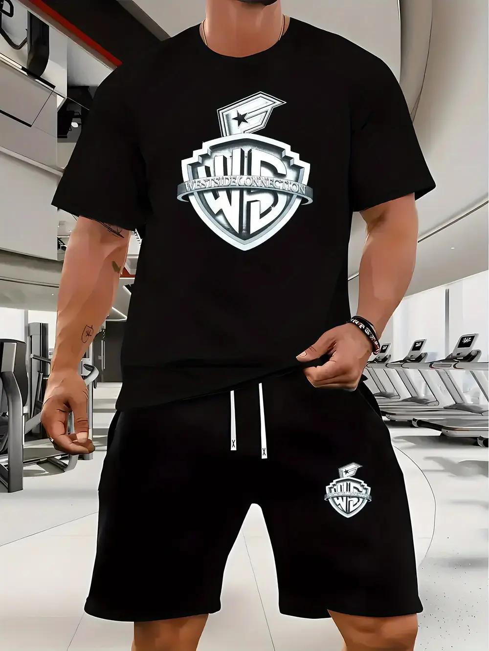 

Casual Athletic Set with Westside Connection Badge Print - Gray T-shirt & Black Shorts M