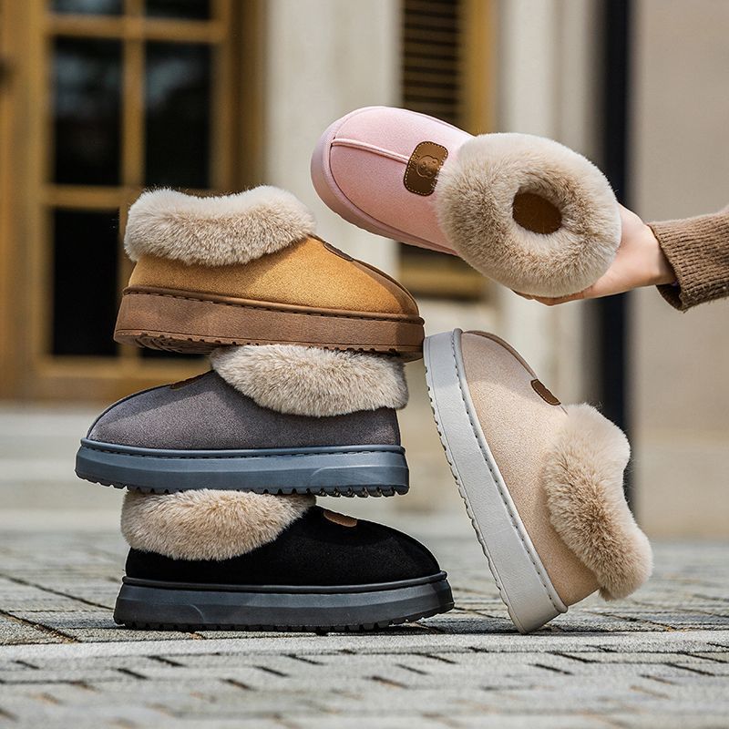 Baumwollpantoffeln mit Fersenpolster, Damen tragen hochgeschnittene Samt-Schnee-Stiefel mit dicker Sohle im Winter, und das Fell ist integriert, um zu Hause warm zu halten, Baumwollschuhe Herren