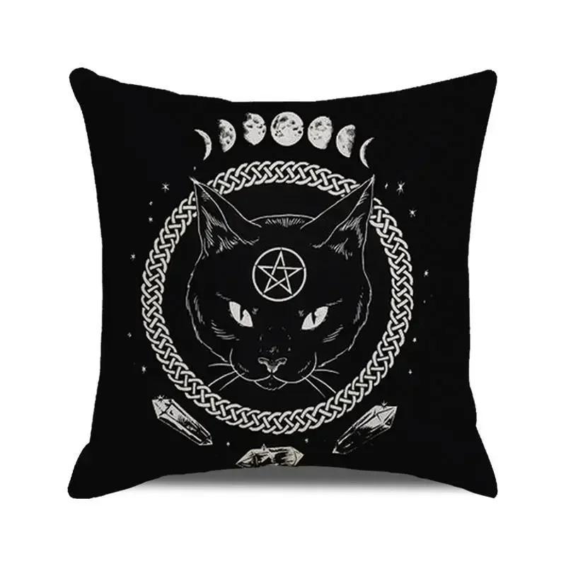 Gothic Black Cat Skull Cushion Cover Witchy Pentagram Tarot Peach Skin Throw Pillowcase For Sofa Living Room Halloween Decor