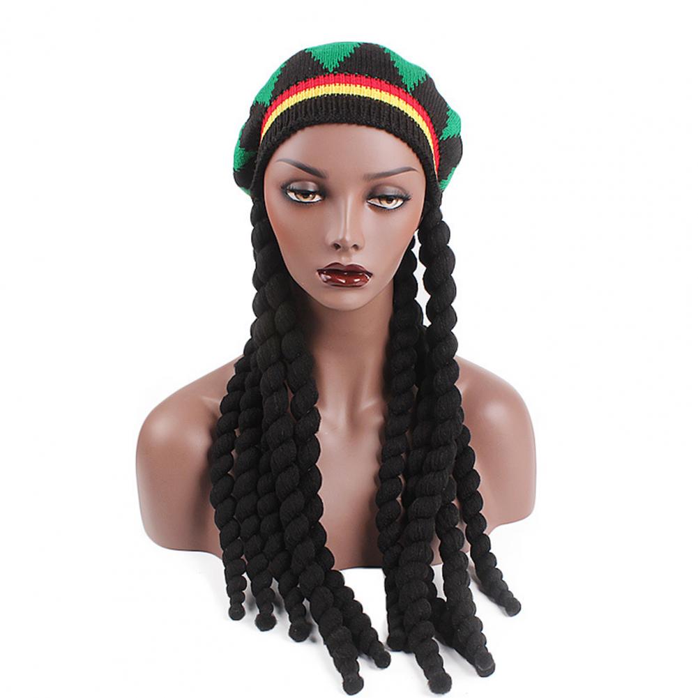 Women Halloween Hat Colorful Knitted Elastic Anti-slip Windproof Thick Witch Cosplay Fake Black Braids Party Carnival Beret
