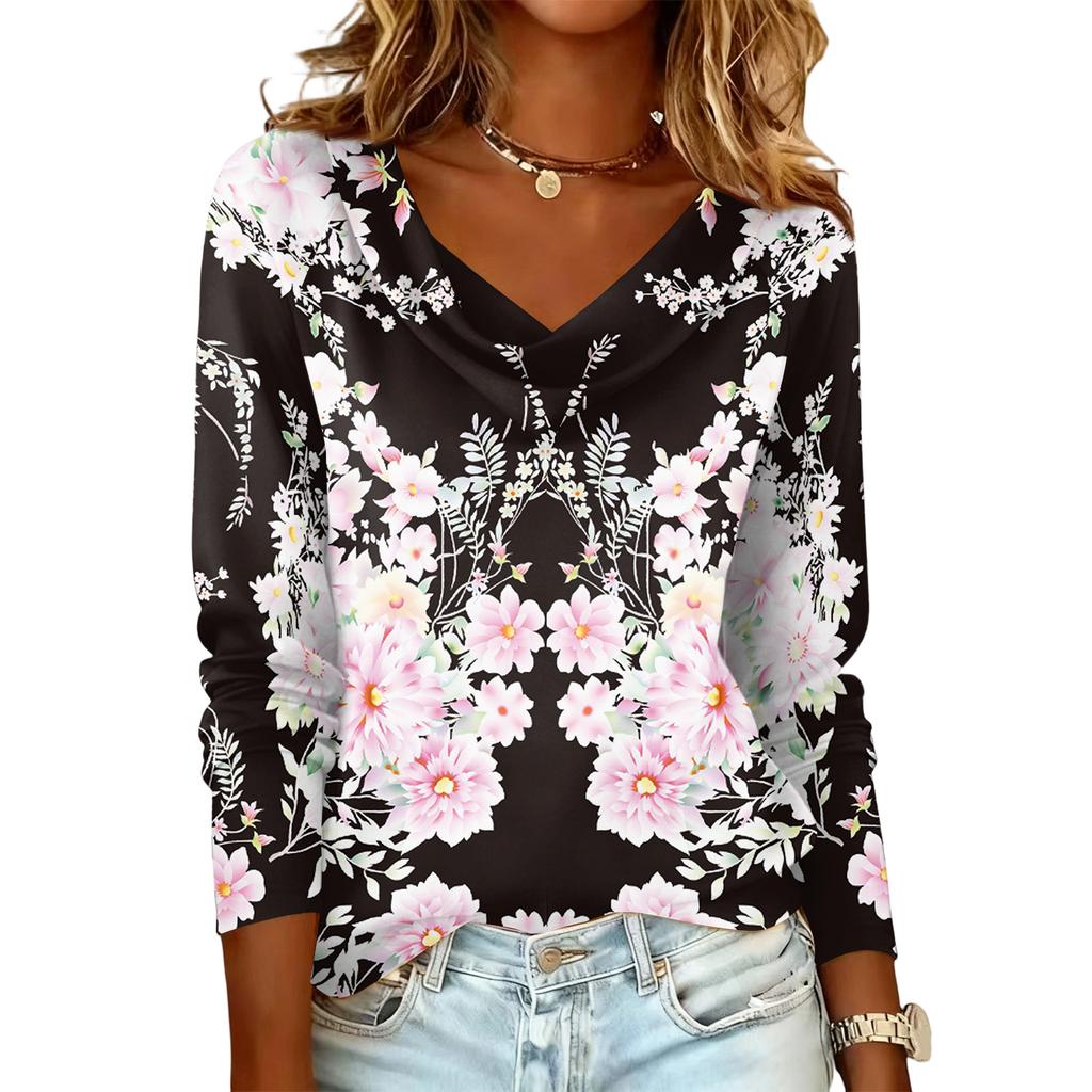 Ladies' Floral Printed Casual And Fashionable Long Sleeved Pullover Top