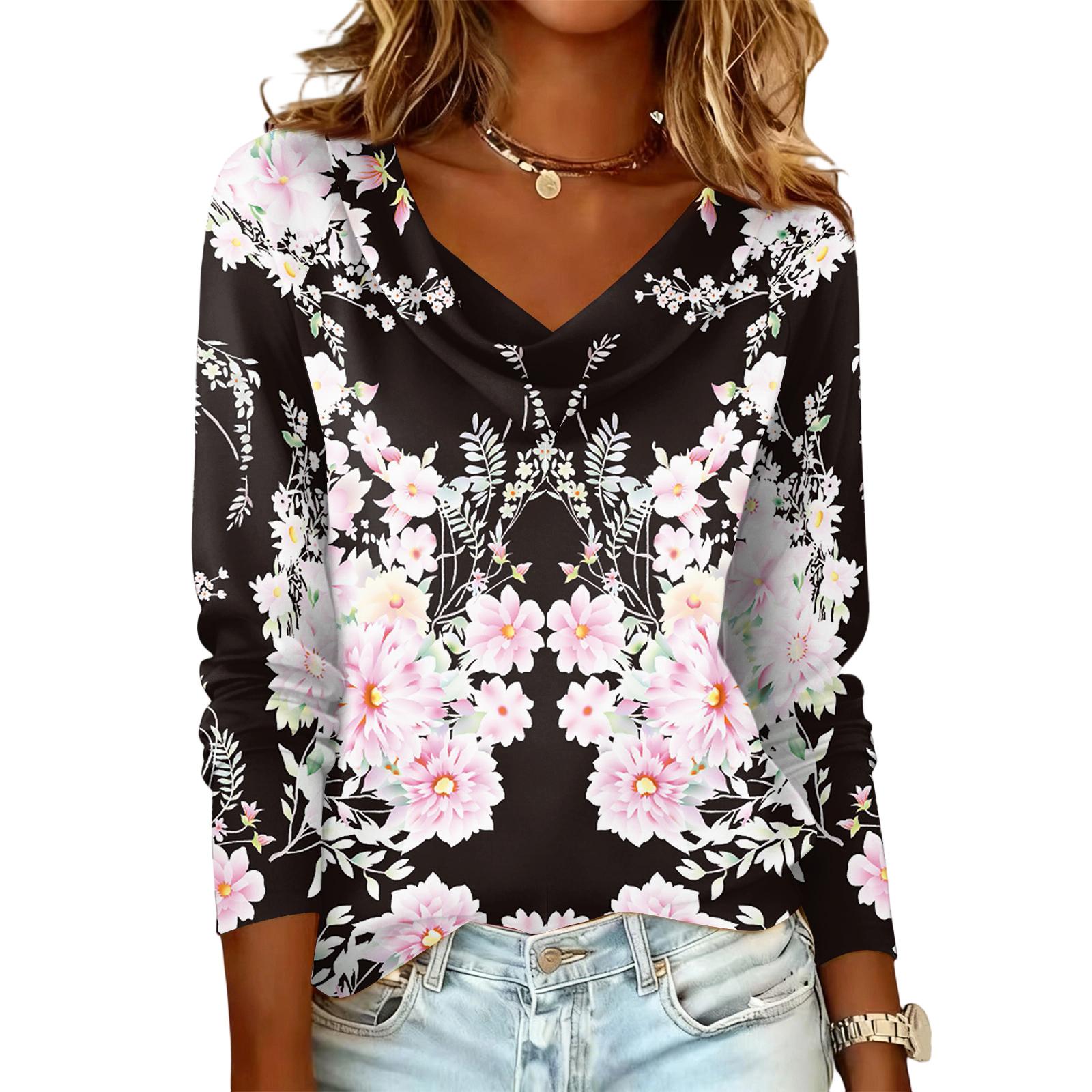 Ladies  Floral Printed Casual And Fashionable Long Sleeved Pullover Top L чёрный