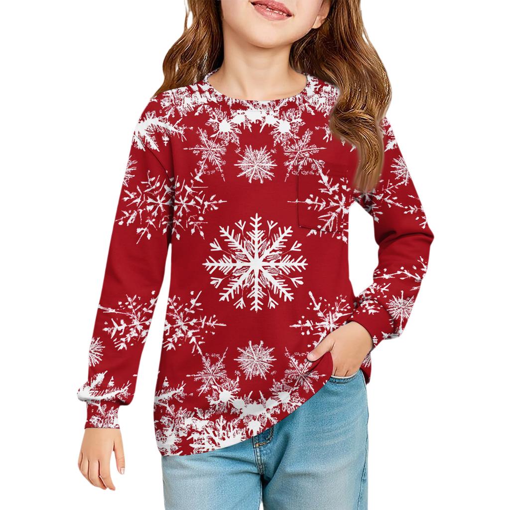 Christmas Day Girls' Long Sleeve Blouse - Round Neck Soft Waist Tunic