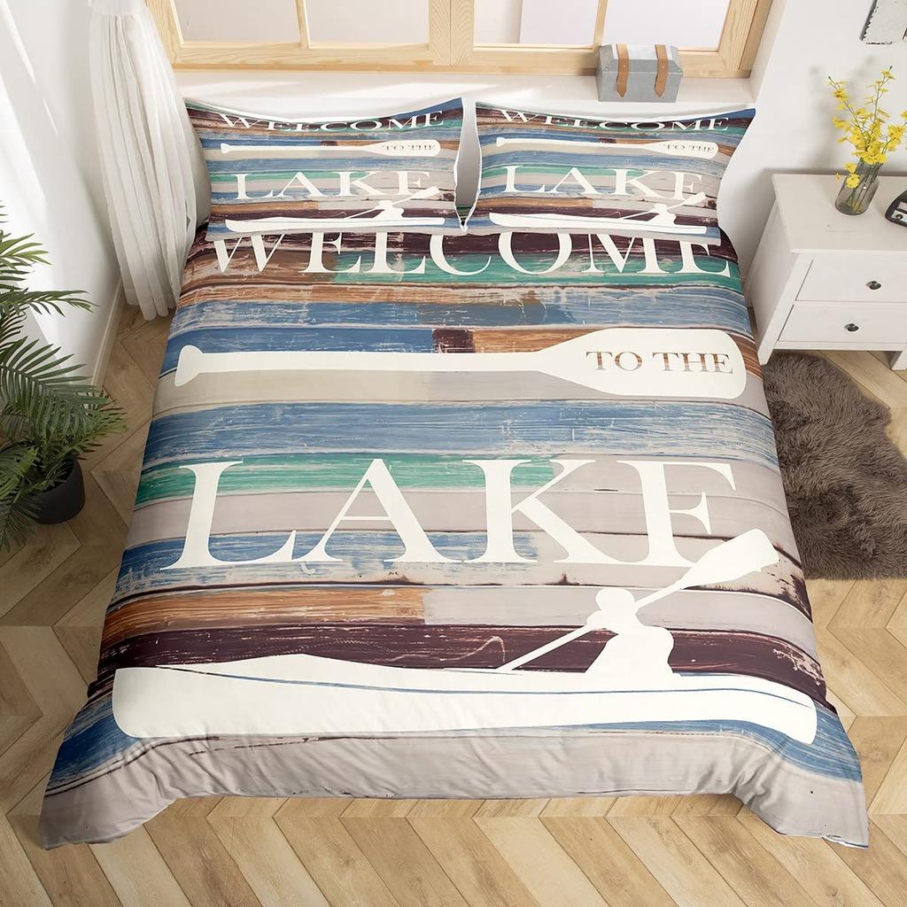 Anchor Bedding Set Nautical Sailboat Duvet Cover Wood Board Design Pattern Comforter Cover for Boys Ocean Theme Quilt Cover