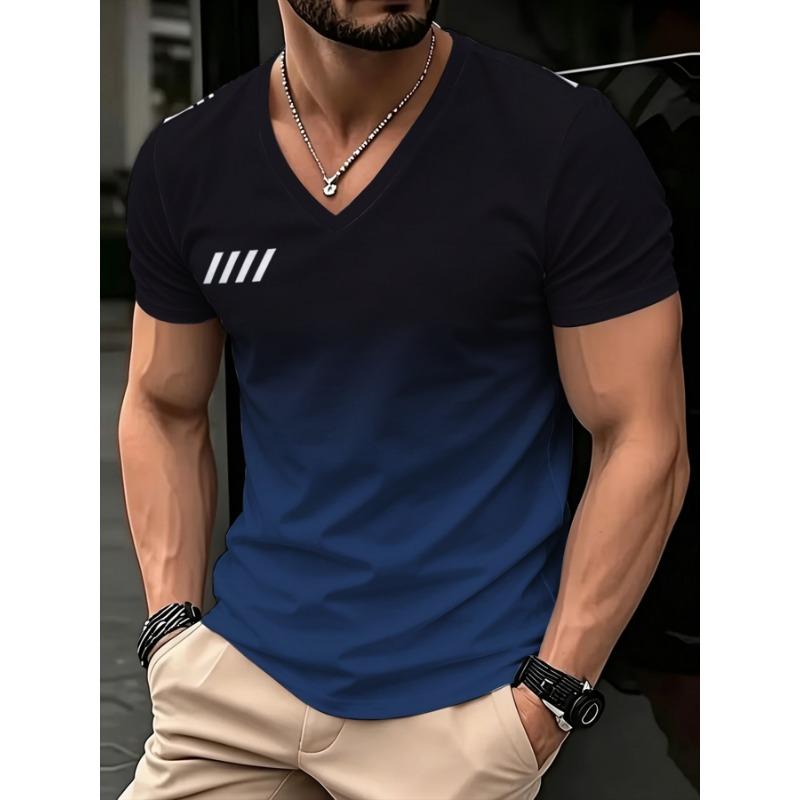 Men'S Fashion V-Neck Short Sleeve Top, Black Blue Gradient Design Chest Easy Striped Print Casual Slim Fit T-Shirt