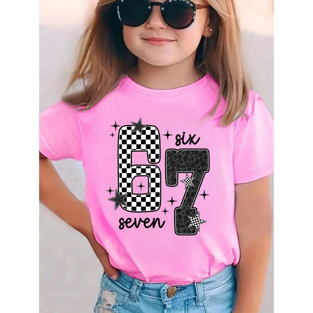 Tricou Fete cu Imprimeu Număr 67 Mânecă Scurtă Gât Rotund Top Casual Tricouri Vară Confortabil Modă Îmbrăcăminte Copii
