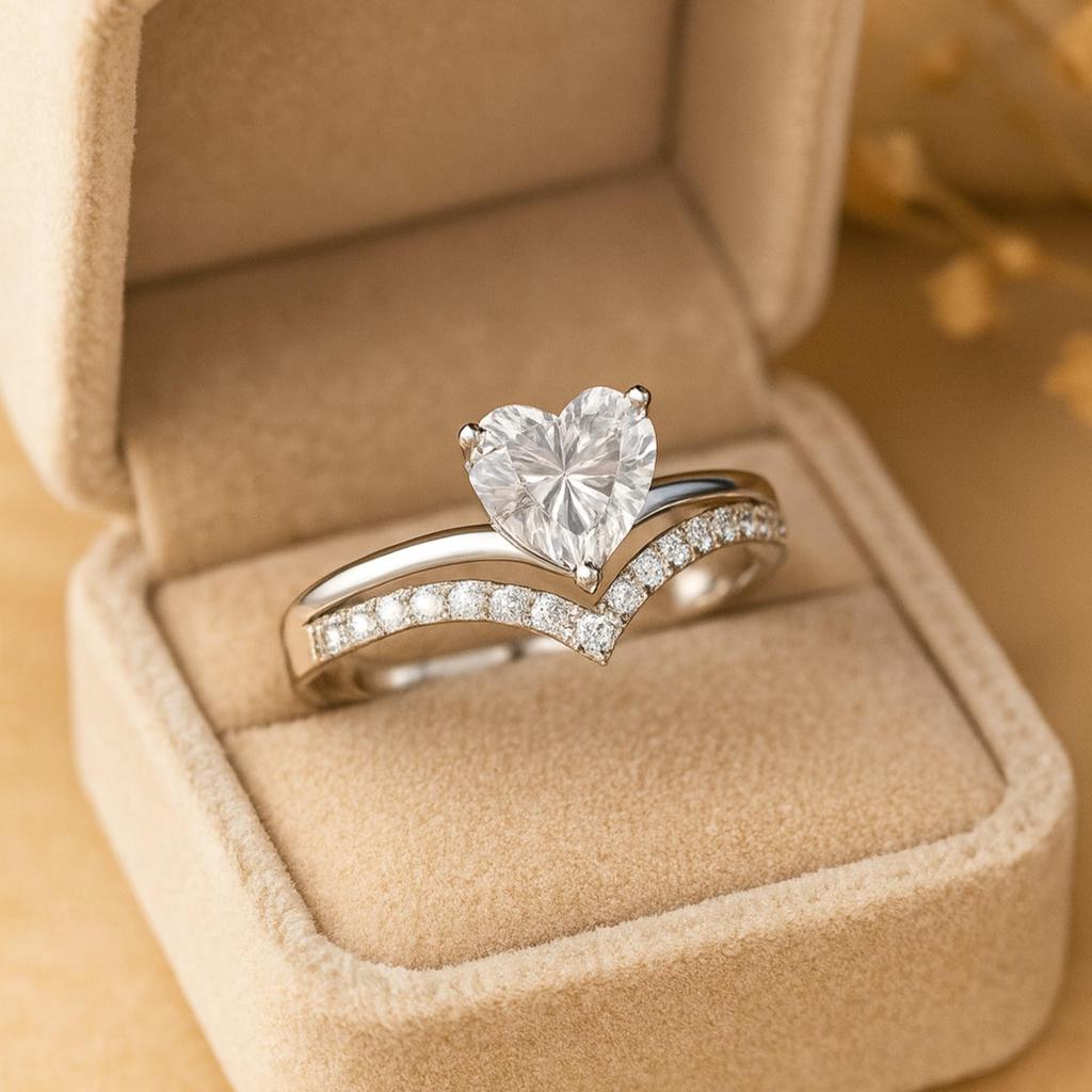 Heart Cubic Zirconia Ring with Round CZ Accents – Gold Plated 925 Sterling Silver Engagement Promise Ring for Women - Art Deco Bridal Jewelry Gift