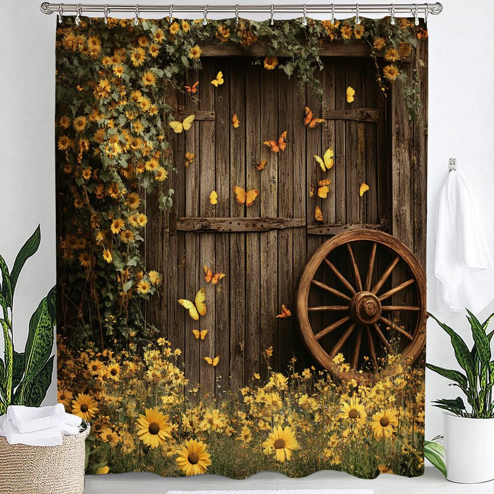 1pc Country Farm Barn, Flower Sunflower Print Waterproof Shower Partition Privacy Hanging Curtain with Hooks Machine Washable