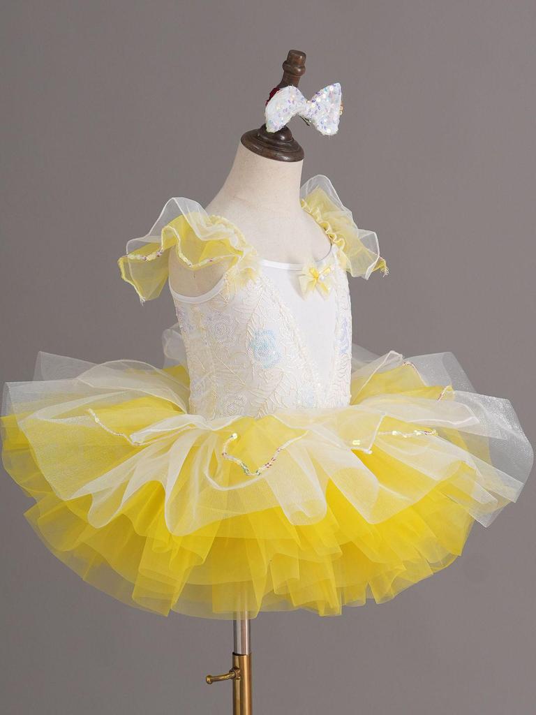 Mädchen Pailletten Prinzessin Ballett Kostüm mit bauschigem Rock, Kleines Schwanen-Auftrittskostüm für den Kindergarten
