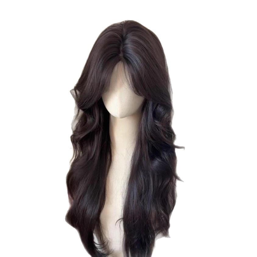 Refined Brown-Black Long Curly Wig with Natural Center Part for European and American Styles