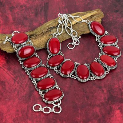Gioielli in corallo rosso 925 in argento sterling massiccio, set di gioielli con bracciale e collana fatti a mano per le donne, splendidi gioielli con pietre preziose in corallo rosso per lei