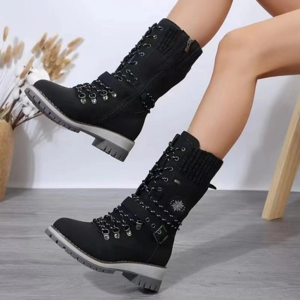 Winter Outdoor Shoes for Women Side Zip Women's Mid-Calf Boots Square Heel Casual Women's Shoes Med Heel Ladies Boots