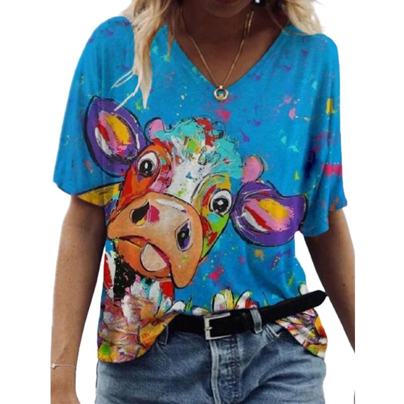 Fashion Spring  Horse Print Blouses Short Sleeved V-Neck T Shirts Casual