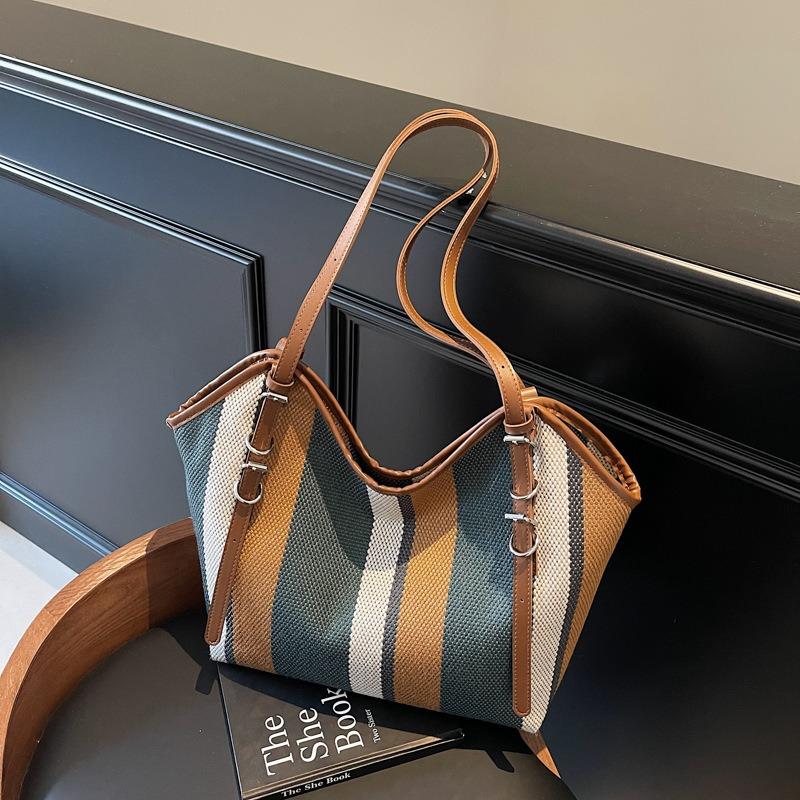 Striped commuter tote bag women's new fashionable large-capacity work shoulder bag