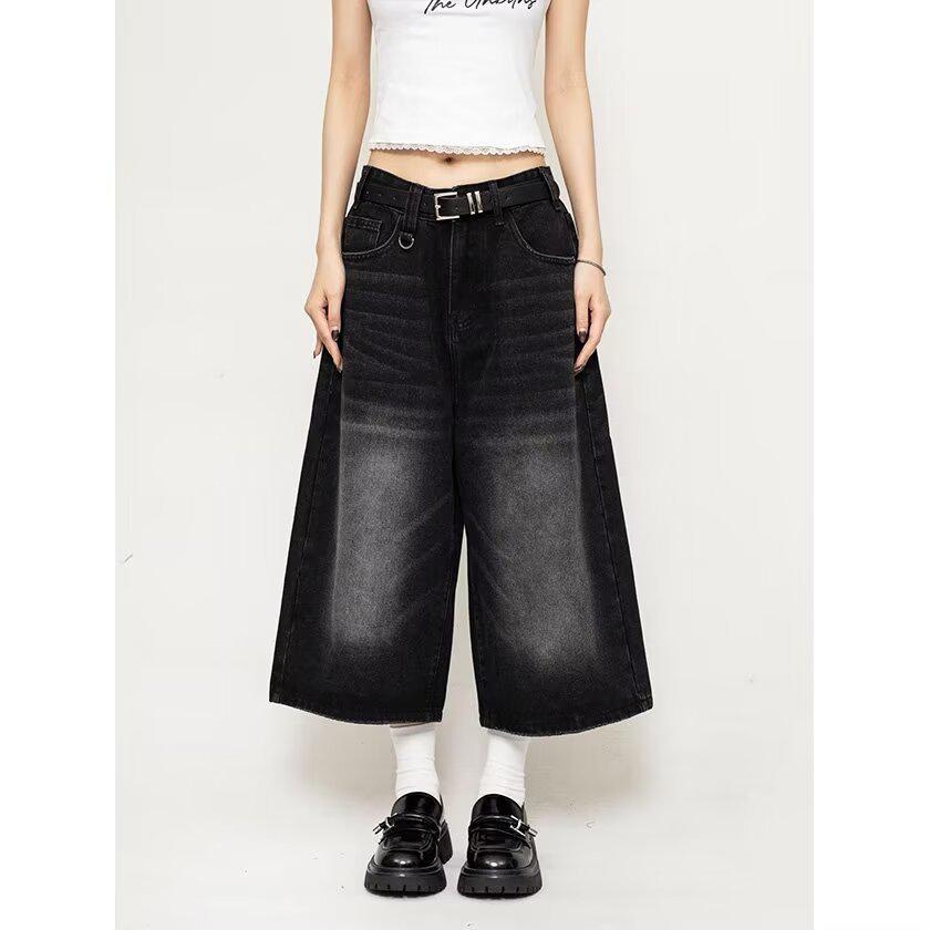 Unisex Retro Washed Wide-Leg Cropped Jeans Shorts