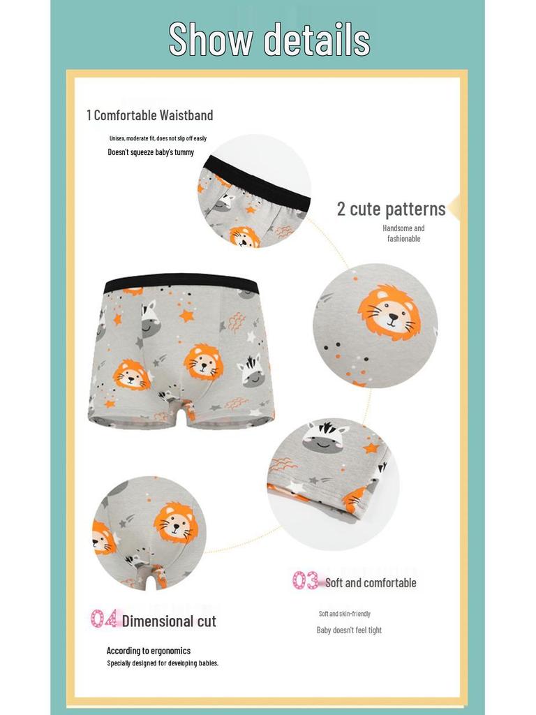 Four-Pack Boys' Pure Cotton Boxer Briefs: Small, Medium, Large Cartoon Underwear