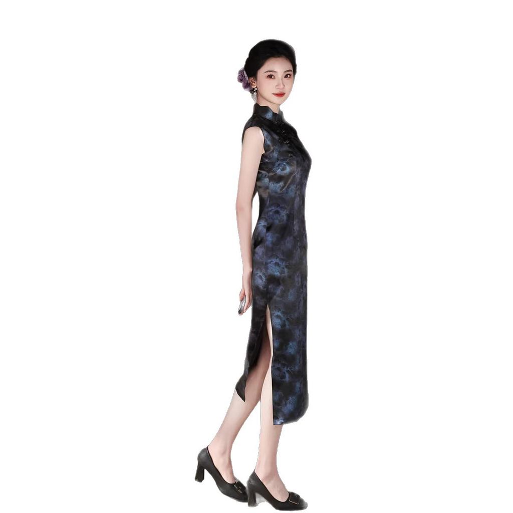 New Chinese-style Retro National Style Hong Kong Style Sleeveless Single-layer Cheongsam 1011 Spring and Summer New Waist and Thin Daily Wear