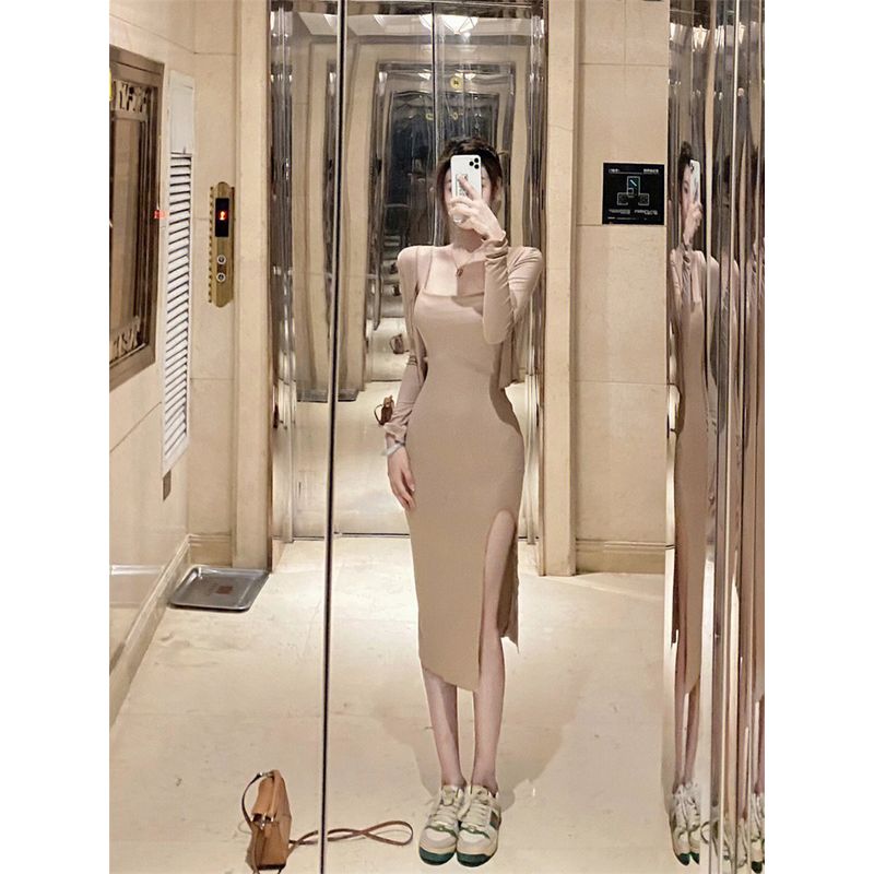 

Хаки Юбка на подтяжках Кардиган Костюм-двойка Женский Осенний Молодежный Женственный Французский Нежный Повседневный Костюм с платьем Юбка Khaki S