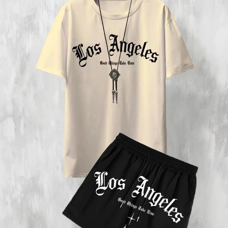 Neues Lässiges Herren-T-Shirt-Shorts-Set mit Los Angeles Buchstabenaufdruck, Bequem, für Draußen, Zweiteiliges Set