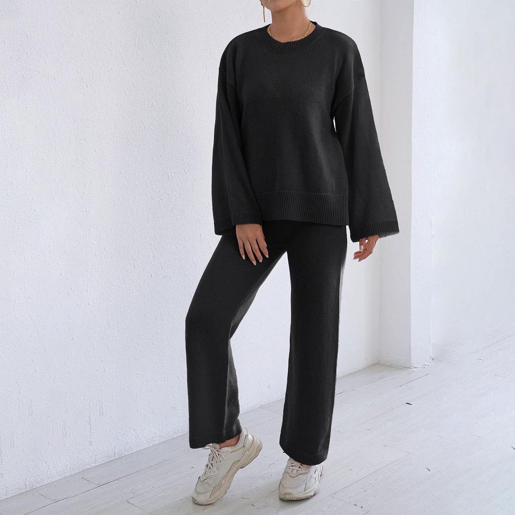 Home Set Loose Comfortable Casual Solid Color Long Sleeve Top Pullover Sweater Women Straight Wide Leg Pants Two-piece Set