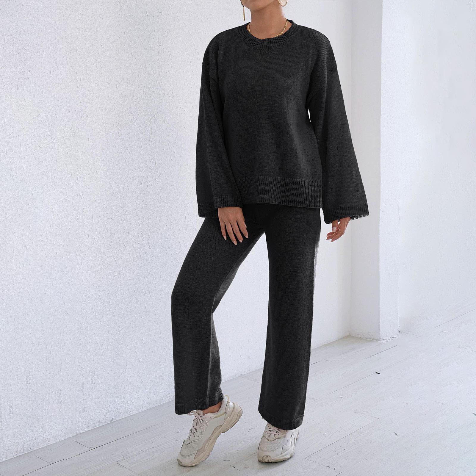 

Домашний Комплект Свободный Удобный Повседневный Однотонный Топ с Длинным Рукавом Пуловер Свитер Женские Прямые Брюки с Широкими Штанинами Костюм из Двух Предметов XL чёрный